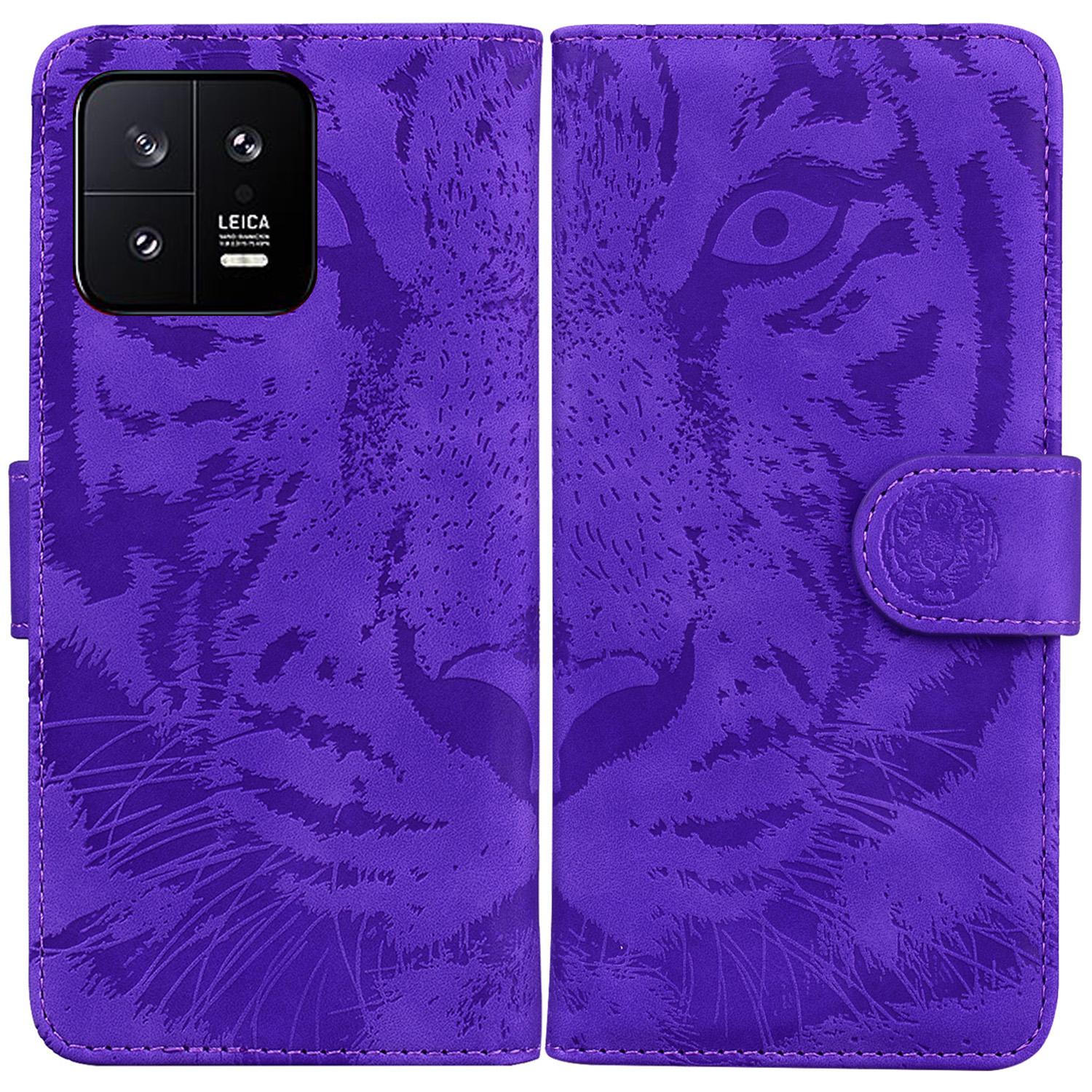 

For Xiaomi 13 5G PU Leather Phone Case with Wallet Tiger Pattern Imprinted Stand Phone Bags Cover Purple
