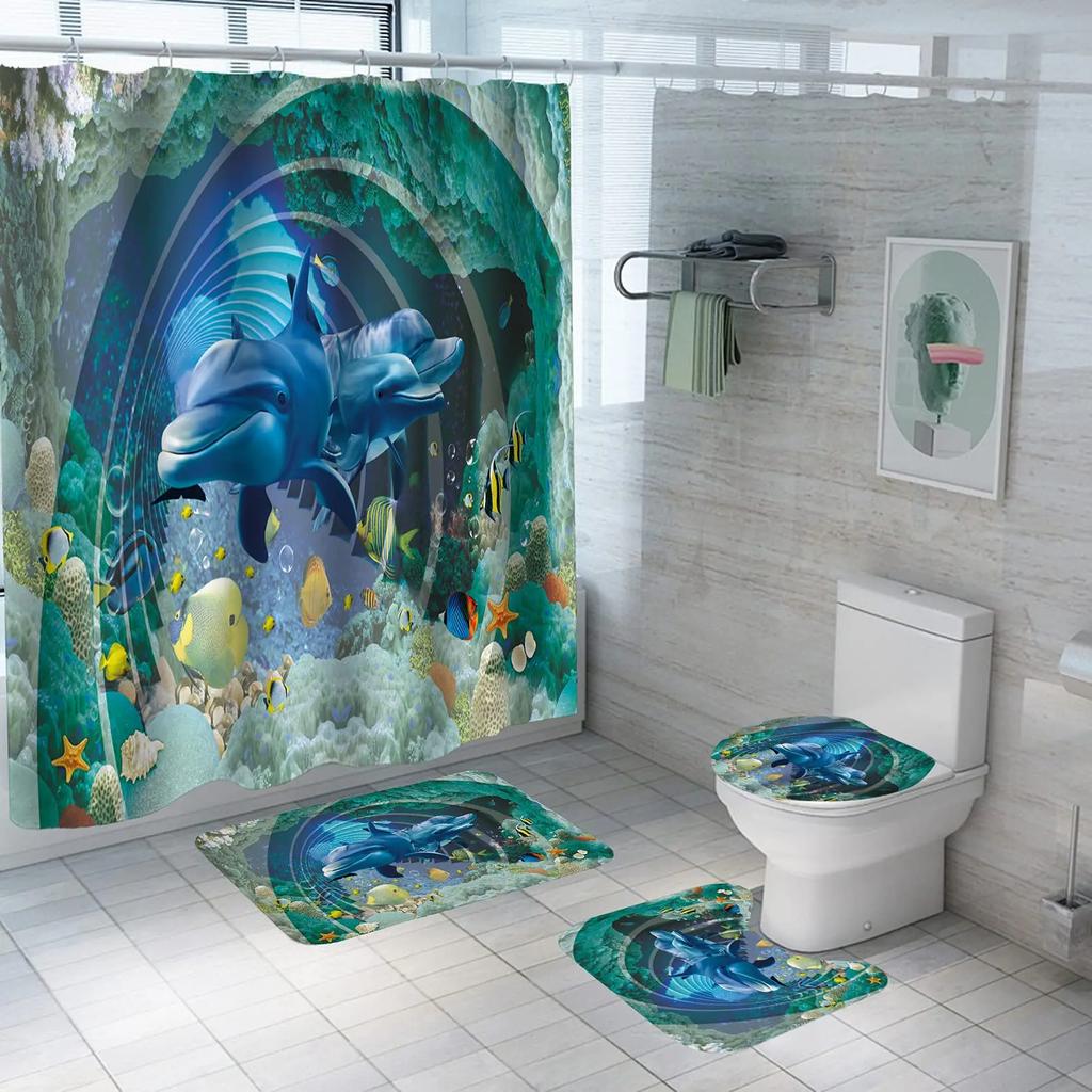 Deep Ocean Dolphin 3D Printing Waterproof Fabric Shower Curtain Set Bathroom Curtains Toilet Cover Mat Non Slip Rug Home Decor