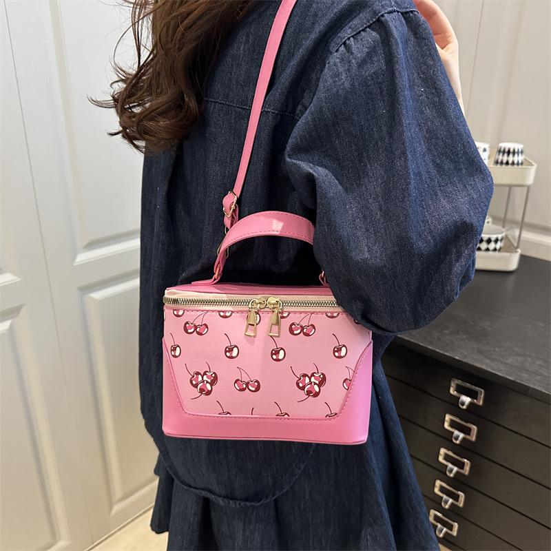 Kirschdruck Kleine Quadratische Tasche PU Schultertasche Damen Trendige Umhängetasche Mädchenhaft Süße Handtasche Hochwertige Pendlertasche
