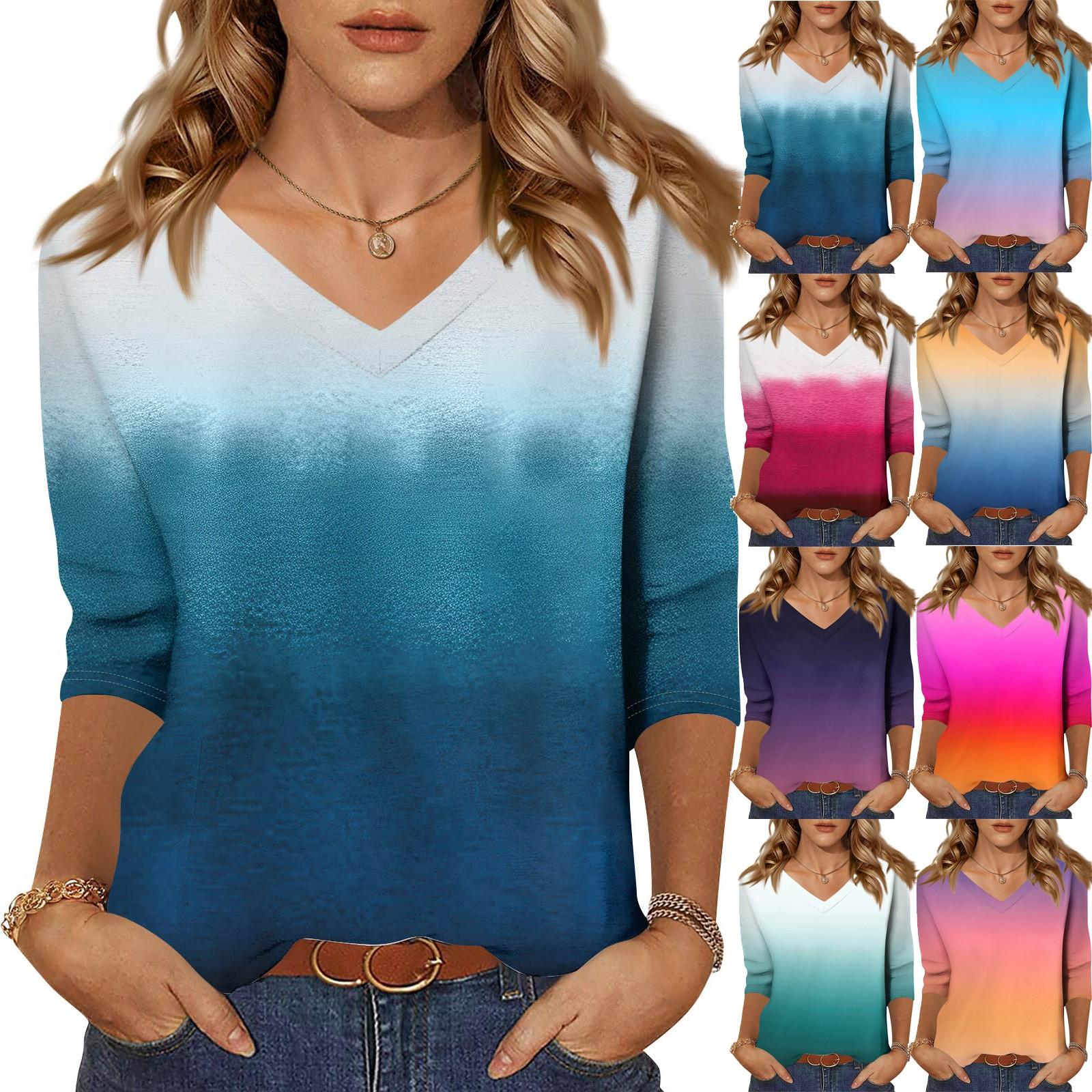 

Women s Fashion Casual Three-quarter Sleeve Gradient Printed Round Neck Top S