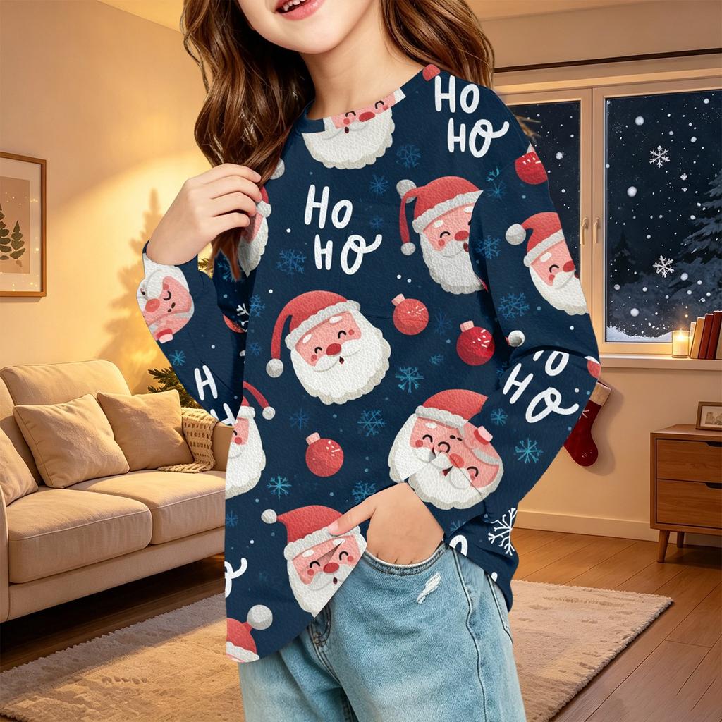 Children's Christmas Print Long Sleeve Neck Shirt with Pocket for Boys and Girls