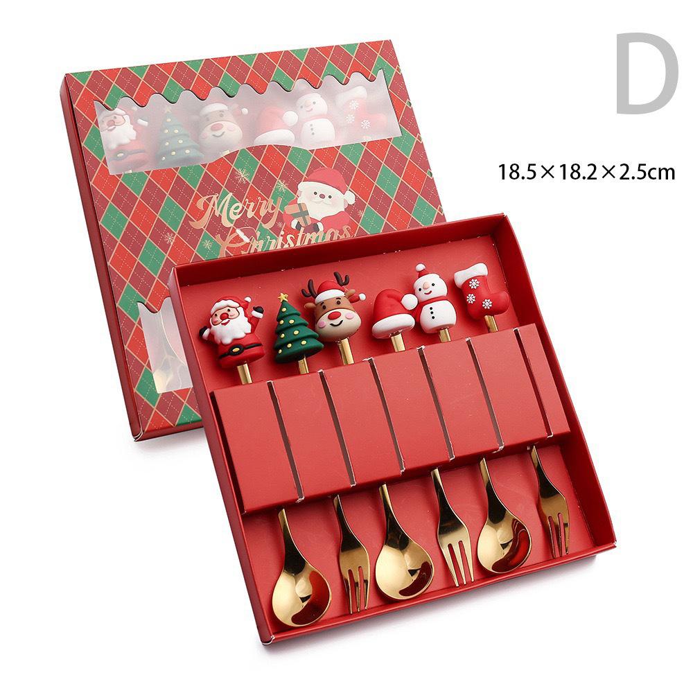 6pcs Christmas Coffee Spoons Forks Set Stainless Steel Santa Claus Dessert Spoon Forks Christmas Gifts for Kids Gift Box Set