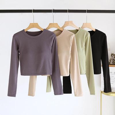 Damen Langarm Gepolsterte Bauchnabelfreie Oberbekleidung mit BH: Bauchfreies Top & Kurzarm-Top mit Rundhalsausschnitt für Herbst/Winter