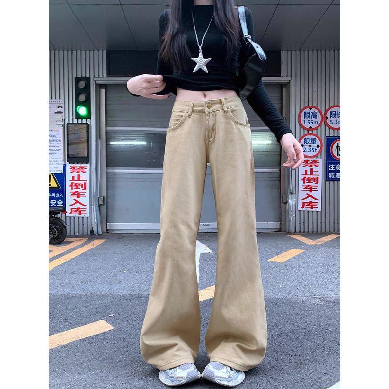 Kumikumi Retro Khaki Mid-Low Waist Bell-Bottom Pants Denim Women's Clothing Autumn Niche Style Chic Slimming Trousers