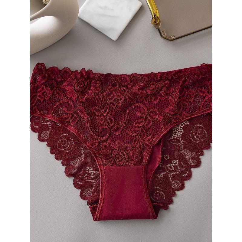 

Жіночі елегантні трикутні трусики з мереживною обробкою - дихаюча нижня білизна середньої посадки з квітковими та геометричними візерунками, зручна та стильна для повсякденного носіння L-1pc червоний