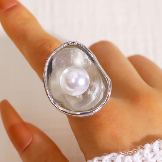 Finger Ring Imitation Pearl Embellishment Artistic Irregular Shape Wide Double-Strip Design Women Ring Anti-Oxidation Jewelry