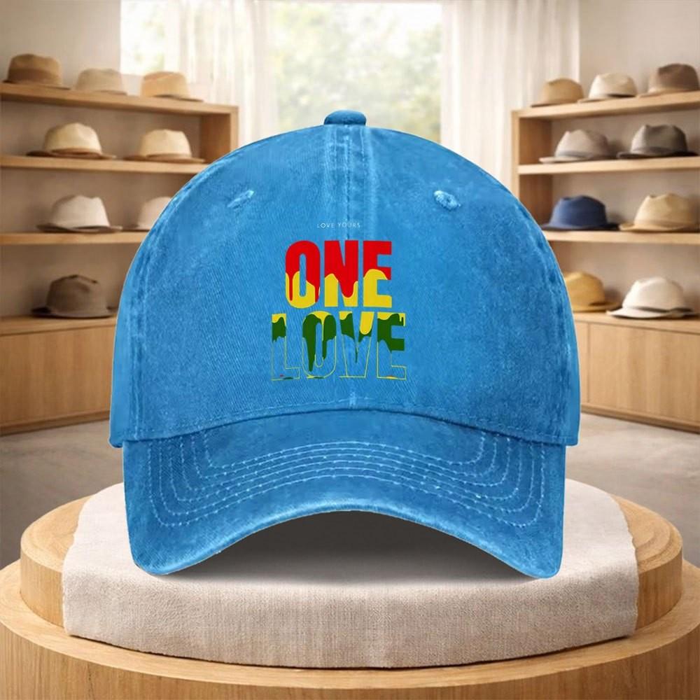 One Love Reggae Print Washed Baseball Cap Adjustable Cotton Outdoor Sports Hat Unisex