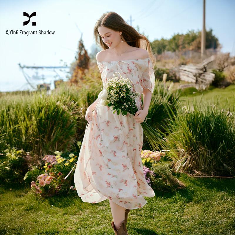 Women s French Floral Off-Shoulder A-Line Dress XL