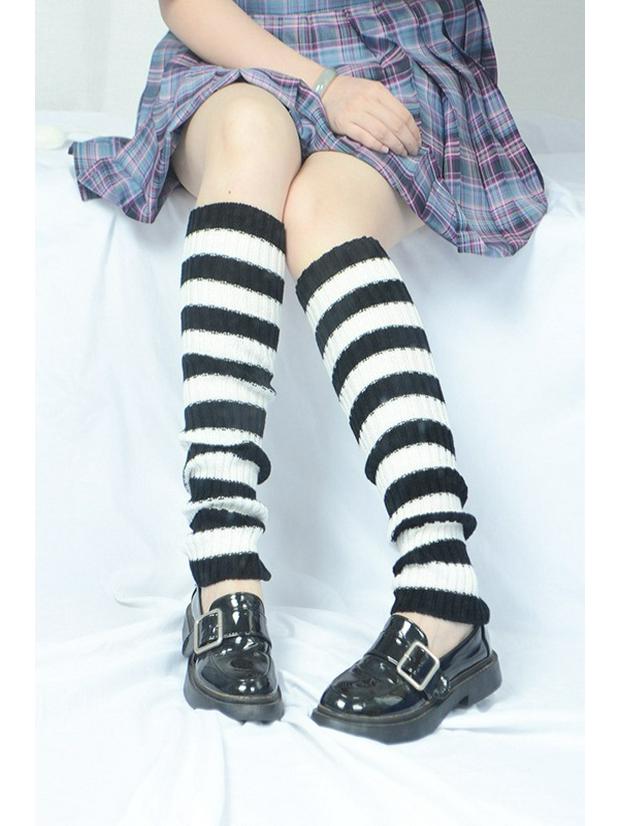 Women's White Striped Lolita Mid-Calf Socks - Cute Autumn Knee Pads with Leather Shoes