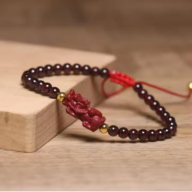 Garnet Beaded Cinnabar Pixiu Bracelet – Red Cord Adjustable Feng Shui Jewelry, Lucky Wealth Gift for Men Women