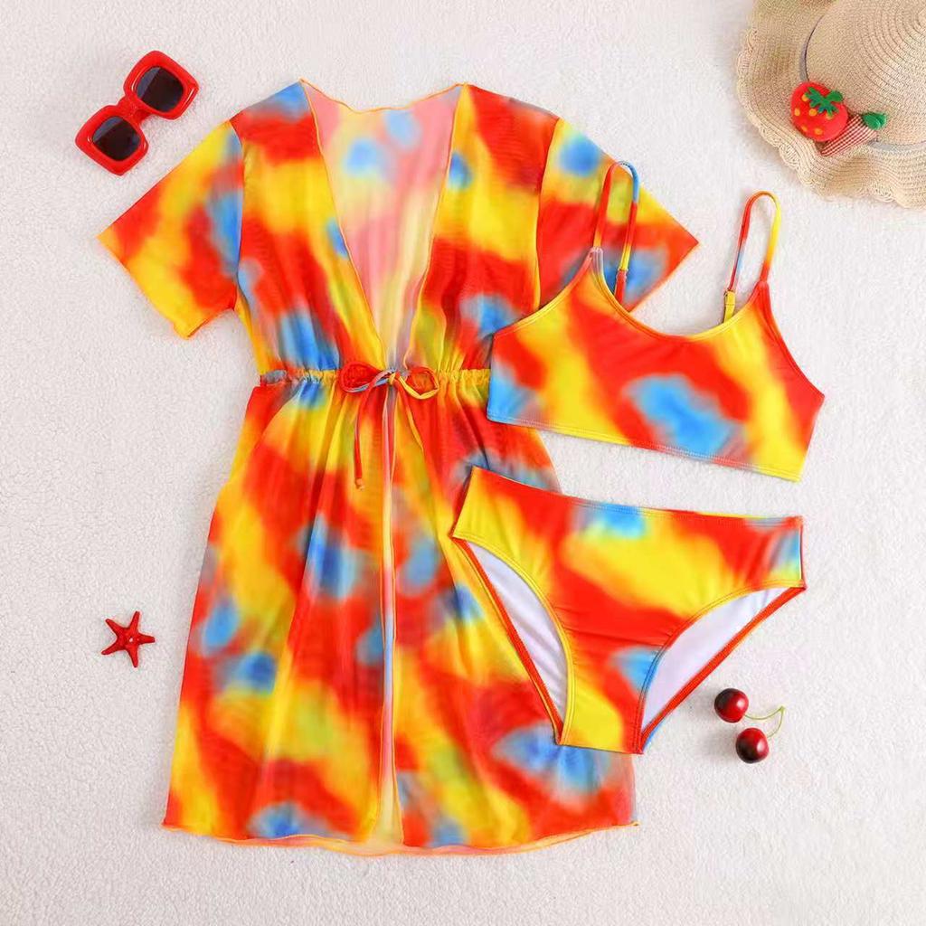 Girls Fashion Casual Two Piece High Waist Mesh Skirt Swimsuit Set Includes Cover Up Top and Bottom Suitable for Beach Pool