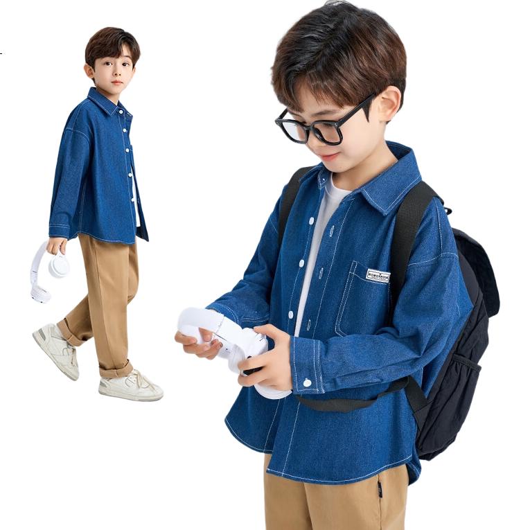 Luomeng Children's Denim Long-Sleeve Shirt, Versatile Jacket for Boys And Girls, Blue Shirt for Spring And Autumn, New Style, Dark Blue, Size 110