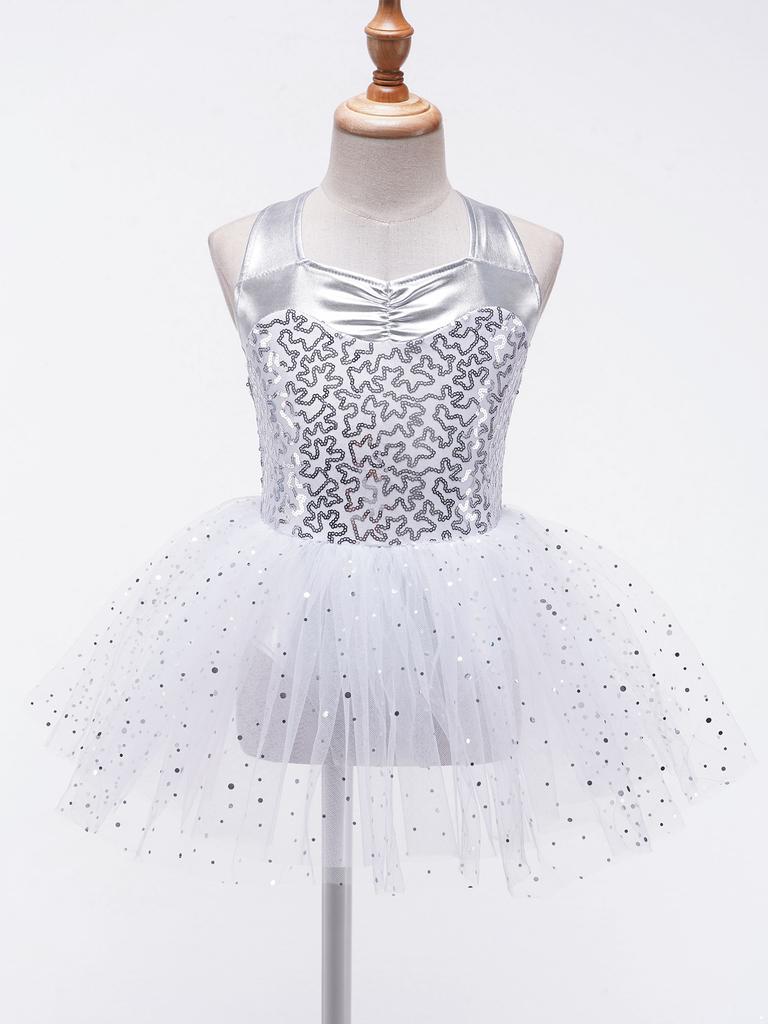 Girls Sleeveless Dance Dress with Shiny Sequins Crisscross Back and Tutu Mesh Skirt