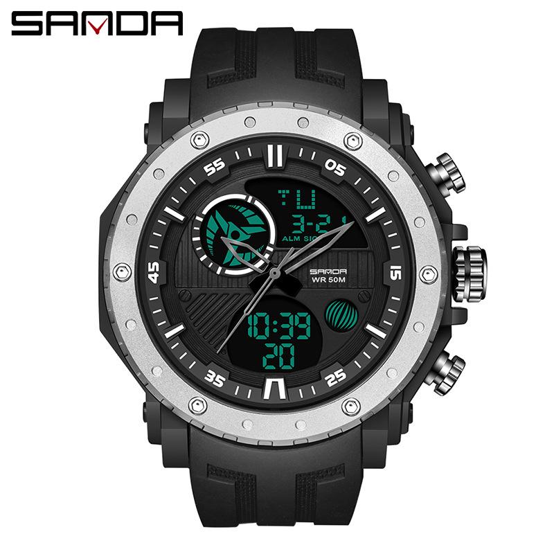 Sanda Multifunctional Dual Display Luminous Waterproof Outdoor Sports Men's Watch with Large Dial