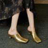 Fashion 2025 Women's New Spring/Summer Square Toe Genuine Leather Sheepskin Baotou High Heel Large Muller Half Slippers Heels Women