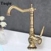 Basin Faucet Antique Brass Sink Faucet Carved Bathroom Faucet Copper Tap Rotate Single Handle Hot & Cold Water Mixer Tap Crane
