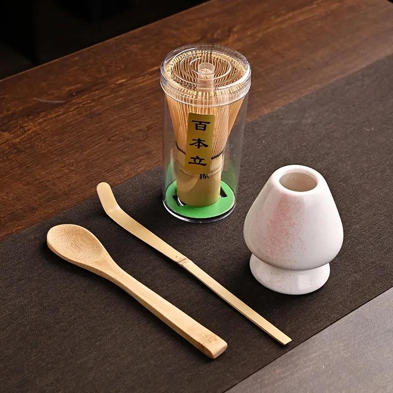 4 IN 1 Bamboo Matcha Powder Whisk Teaspoon Ceramic Bowl Tranditional Tea Matcha Whisk (Chasen)Sets Home Tea-making Accessories