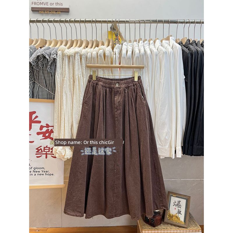 

Юбка в стиле мори-гёрл в японском стиле, ретро, артистичная, вельветовая, женская, на осень и зиму 2024, повседневная юбка с высокой талией, стройнящая Deep coffee One size