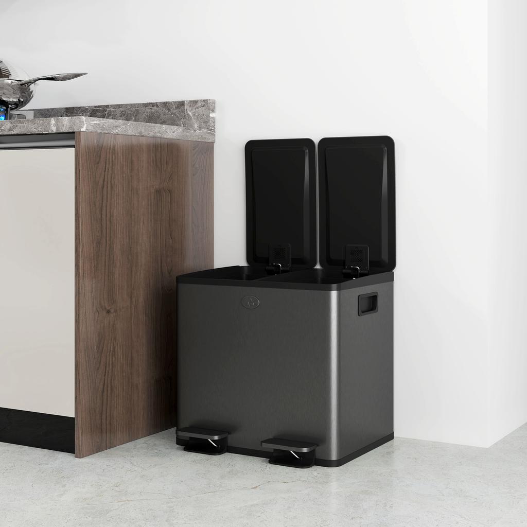 30L Dual Compartment Stainless Steel Bin, with Deodoriser Holders - Black