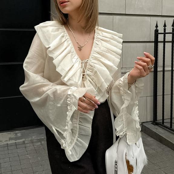 Fashion Design Sexy Perspective Loose V-Neck Shirt Long Sleeve Shirt Women's Clothing Europe, America 1116 Autumn New Products