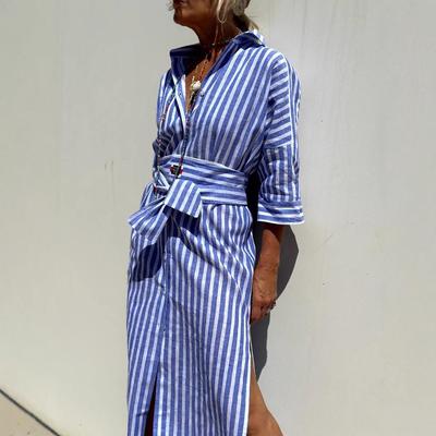 Women's Mid-Length Five-Sleeve Striped Cardigan Shirt Dress with Turn-Down Collar