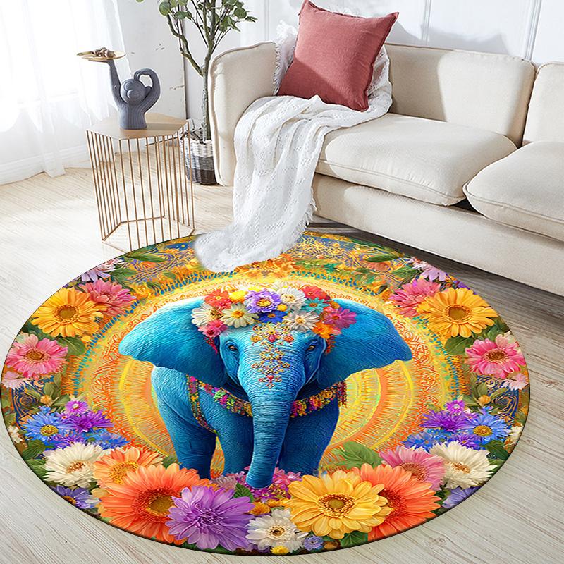 Elephant Round Area Rug,Carpet Rug for Living Room Bedroom Sofa Playroom Decor,Non-slip Floor Mat