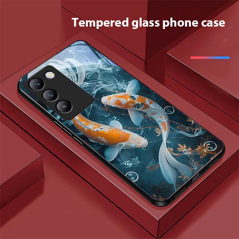Chinese Wind Fish For Y72 33S 11 03 36 96 Lite 35 16 Iqoo 12 V40 SE 5G 29 40 21 30 X80 Pro Vivo Tempered Glass Phone Case Black