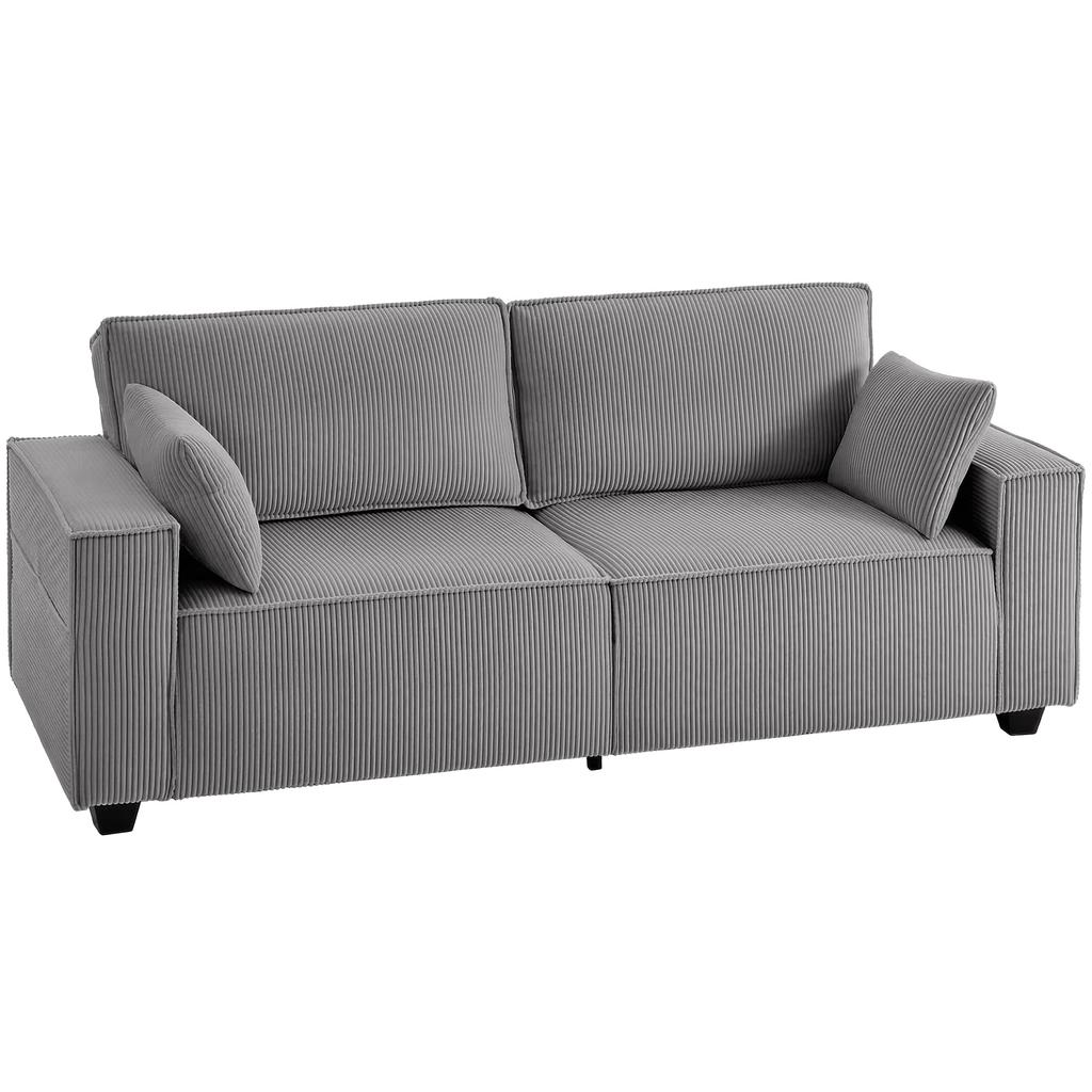218 cm 3-Seater Sofa, Modern Corduroy Sofa with Pocket Spring Upholstery, Wide Armrests and 2 Cushions, Light Grey
