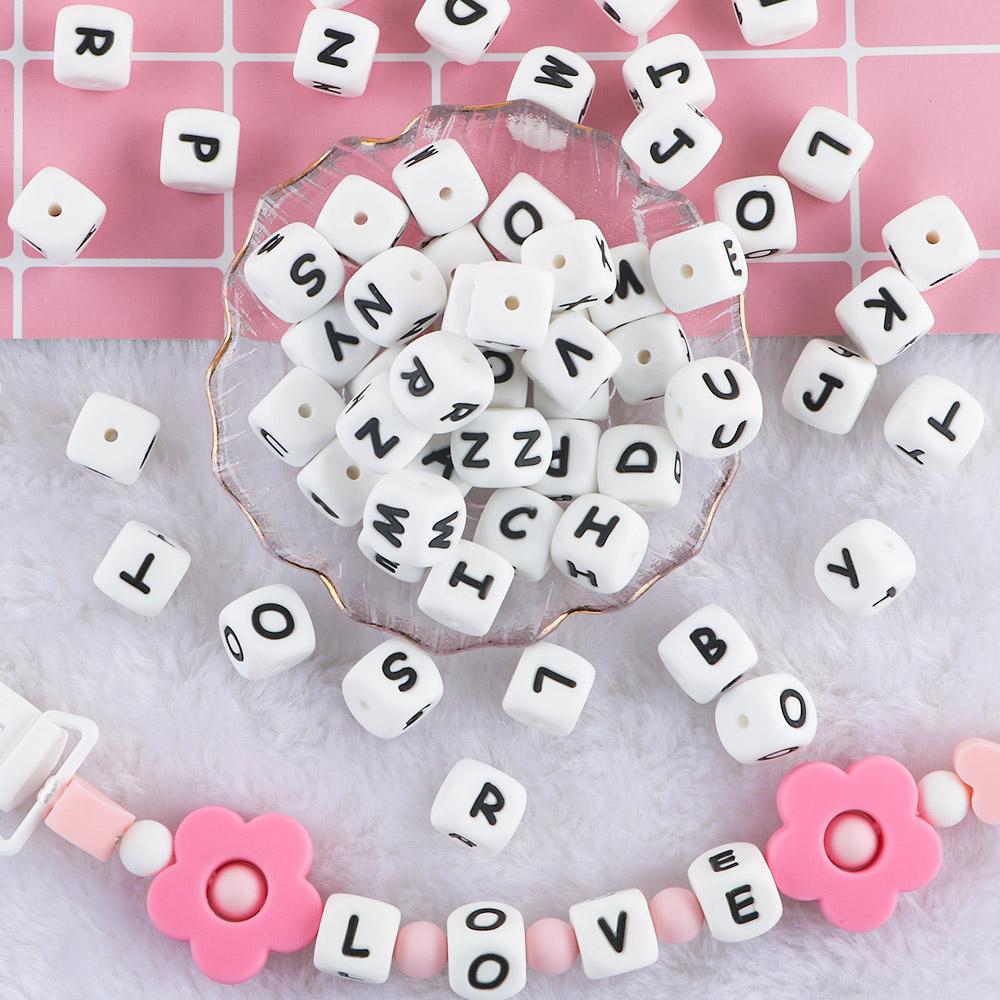 50Pcs/lot Silicone Bead Letters 12mm White Silicone Alphabet Beads DIY Bracelet Pacifier Chain Accessories For Jewelry Making