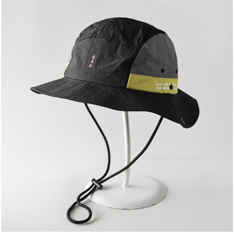 Summer Quick Dry Patchwork Bucket Hat Women Men Gorpcore Outdoor Hiking Mountain Cap Windproof Rope Sun Protection Fisherman Hat