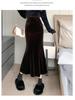 830 Composite Super Soft Black Gold Velvet High-Waist Fishtail Skirt - Women's Retro Slimming Mid-Length Hip-Hugging Skirt