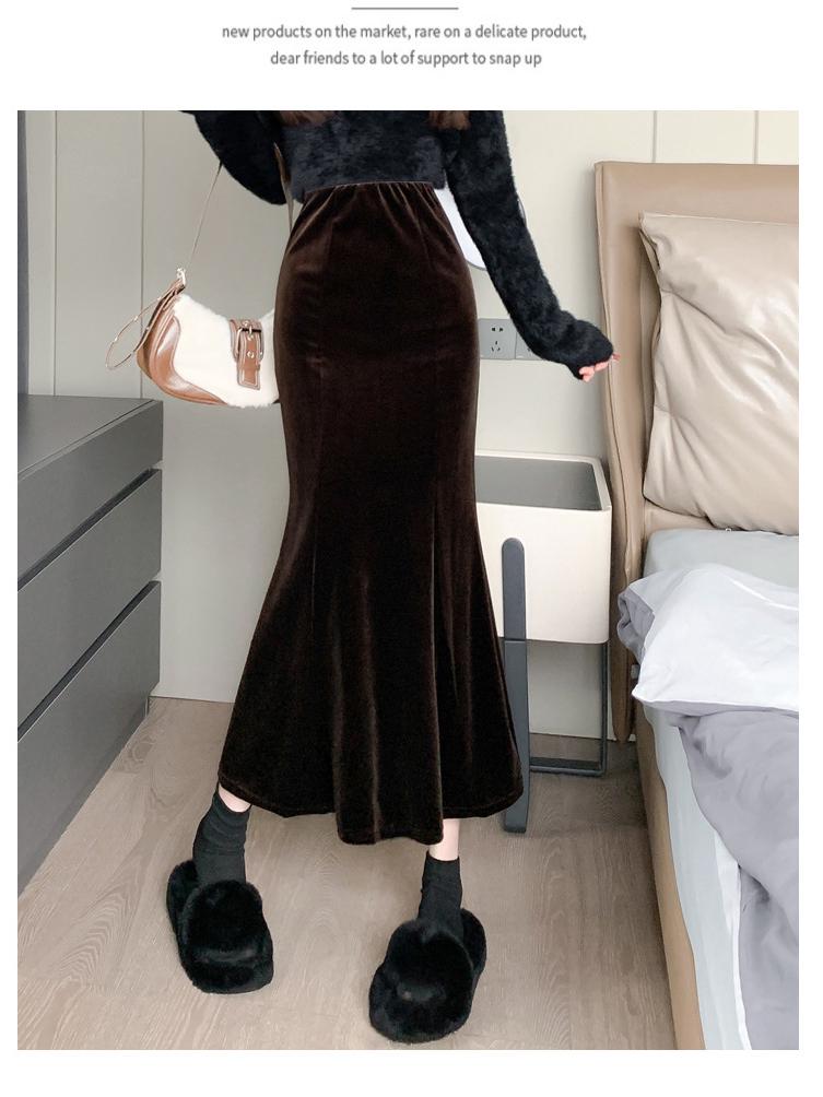 830 Composite Super Soft Black Gold Velvet High-Waist Fishtail Skirt - Women's Retro Slimming Mid-Length Hip-Hugging Skirt