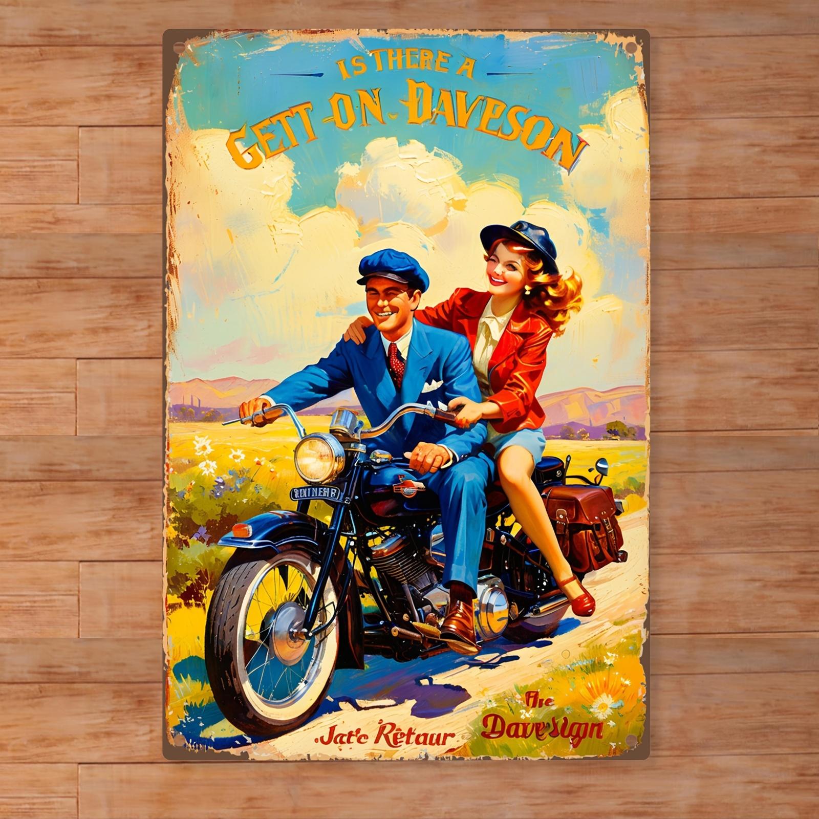 

Vintage Davidson Motorcycle Wall Art Retro Tin Metal Sign with Scenic Couple Get On Davidson Design IndoorOutdoor H 20x30cm（7.8x11.8inch）