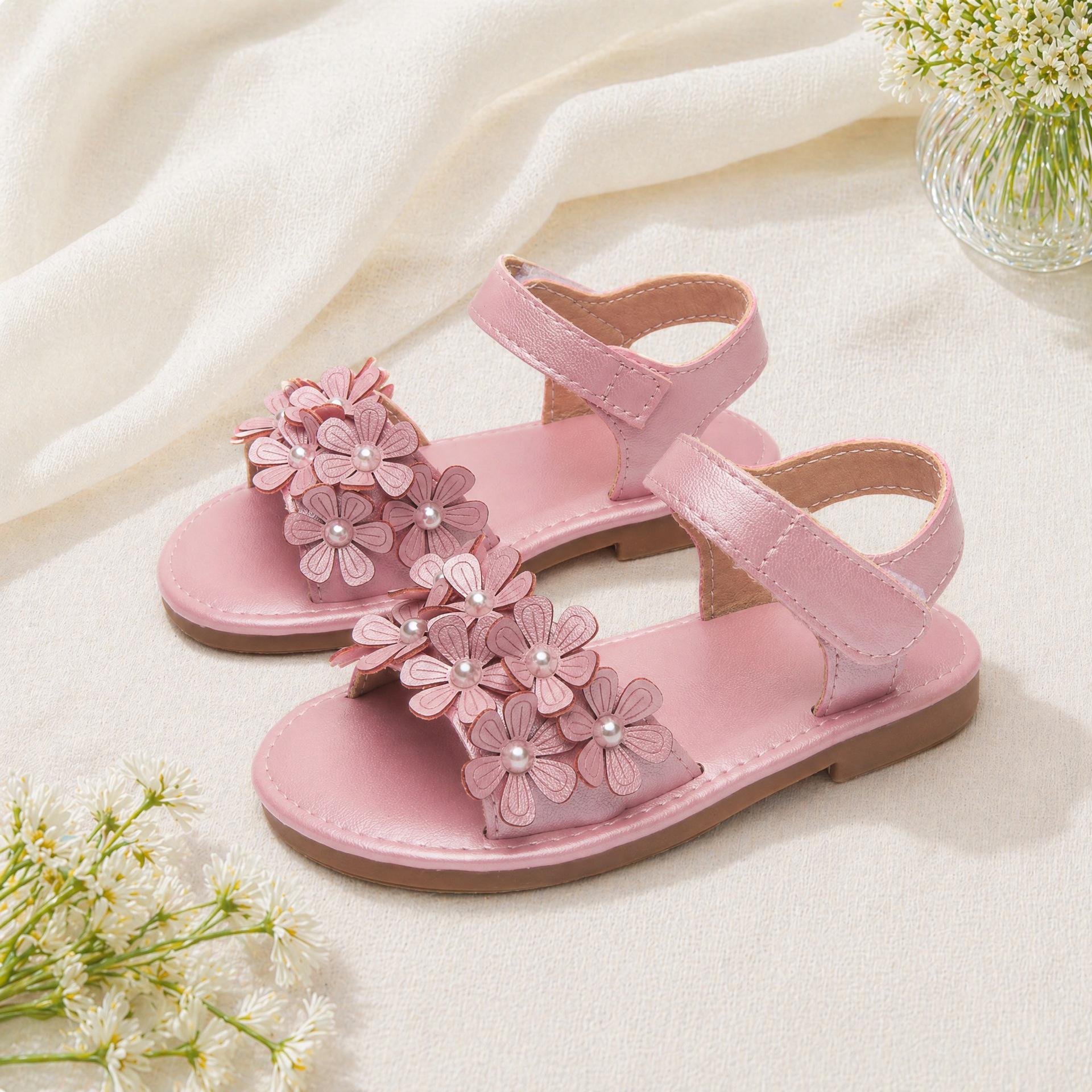 Girls Flower Pearl Soft Sole Velcro Summer Princess Sandals 29