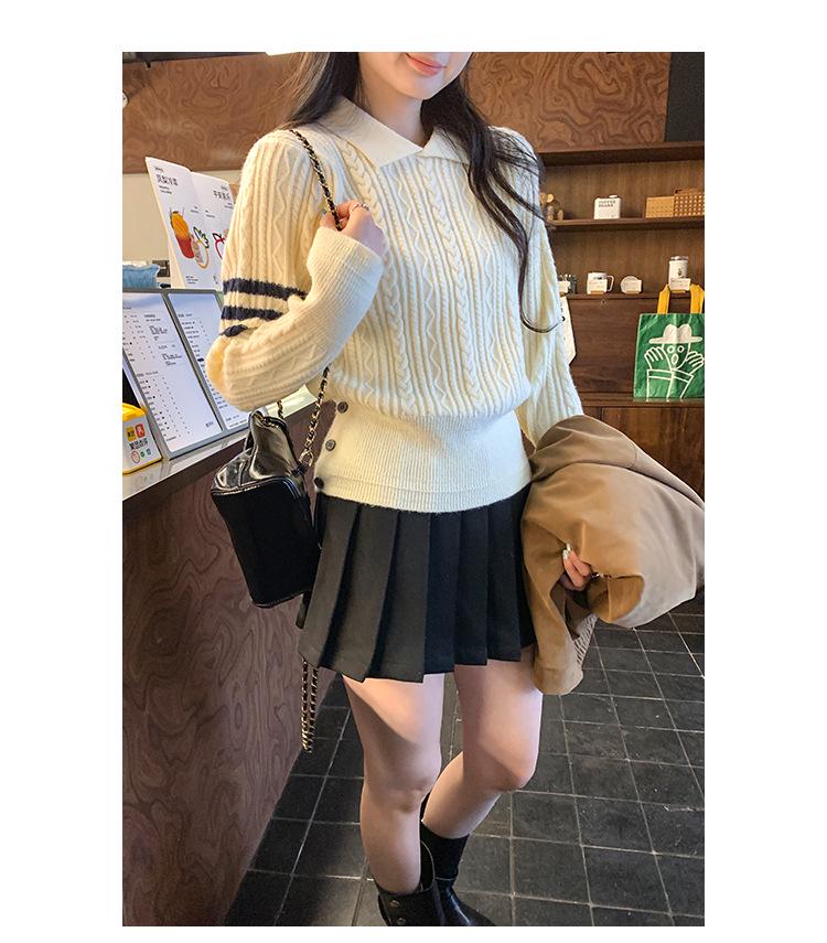 European Dark Blue Striped Lapel Sweater for Women - Spring/Autumn 2026 Cable Knit Top