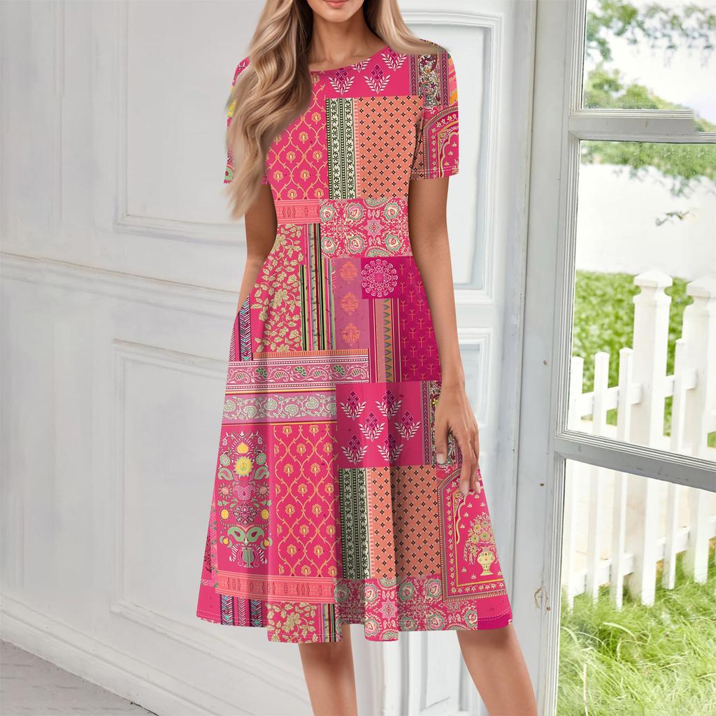 Abito lungo casual stampato da donna con scollo rotondo