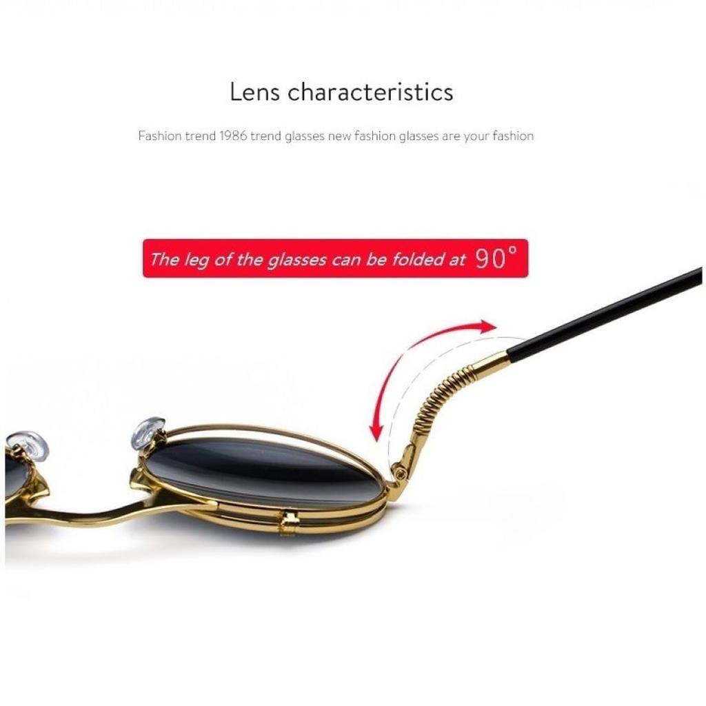 Steampunk Sunglasses Round Glasses Classic Fashion Stylish Full Rim Type Flip-up (Gold Green)