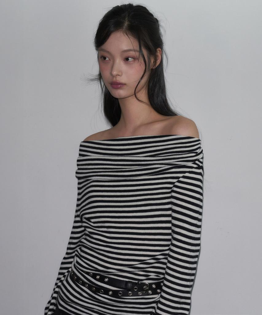 Ledeoli Two-Way Off-Shoulder Striped Knit Top [Charcoal]
