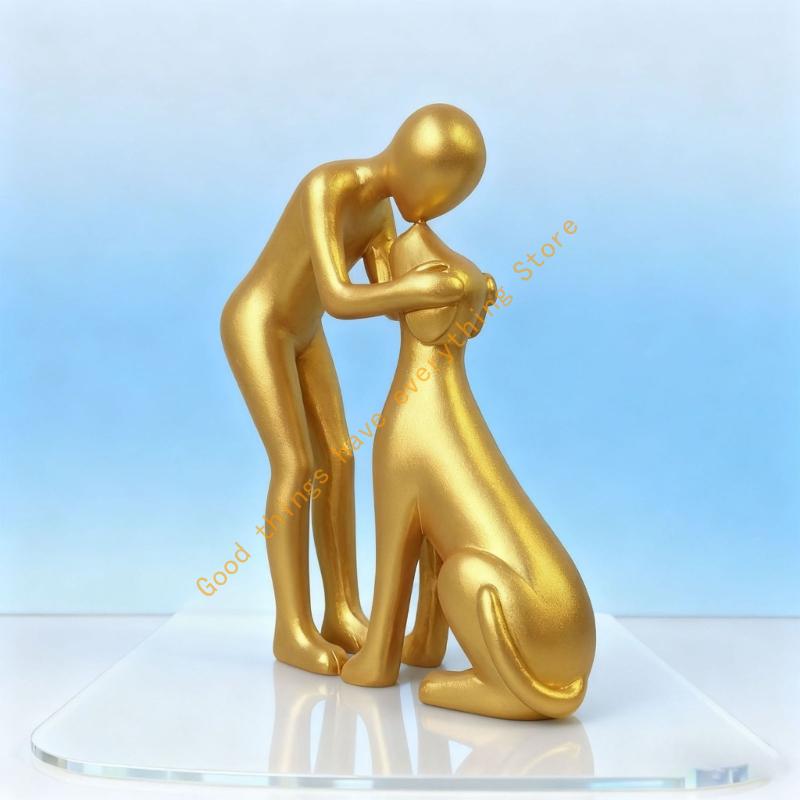 Man and Dog Statue Human Dogs Figurines Sculpture Modern Home Office Decors Friendship Remembrance Gift for Pet Lover 55KF