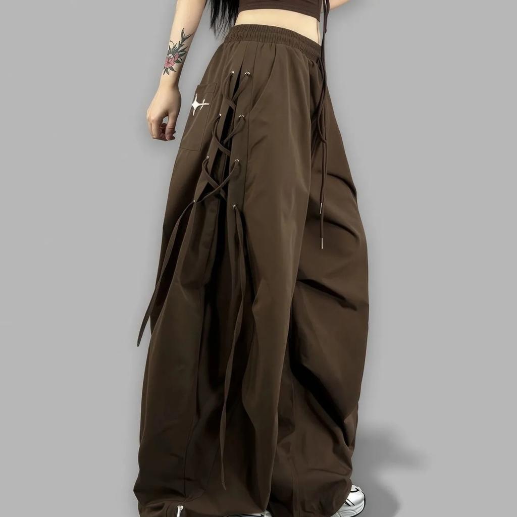 American Streetwear Jogging Cargo Pants Women High Waist Side Straps Loose Punk Wide Leg Trousers Fashion Hip Hop Parachute Pant