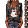 Women's Halloween Print V-Neck Three-Quarter Sleeve Top Casual Blouse for Party
