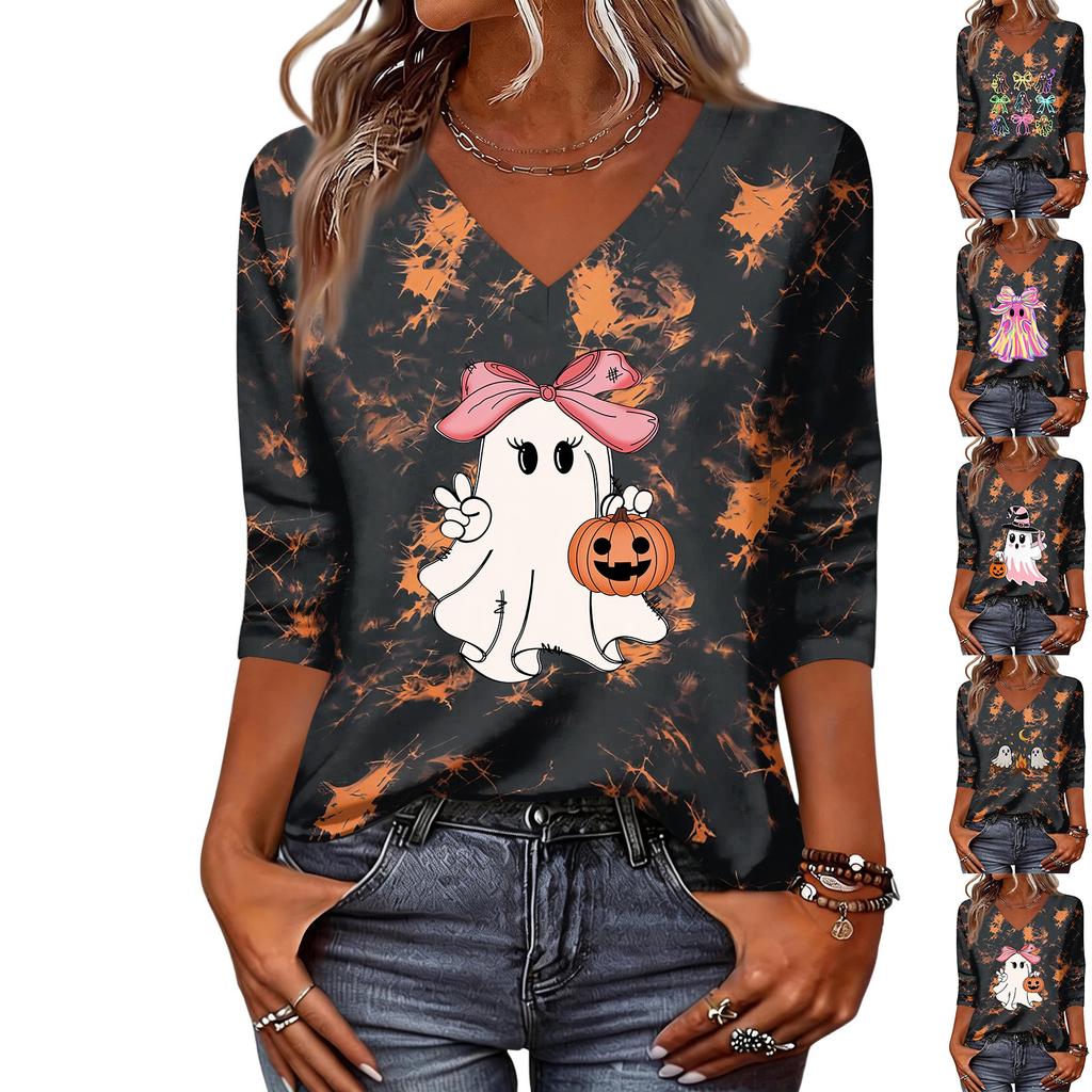Women's Halloween Print V-Neck Three-Quarter Sleeve Top Casual Blouse for Party