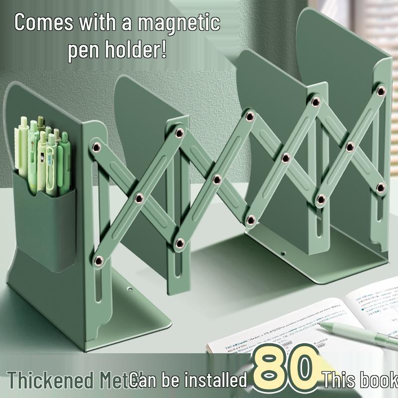 Retractable Bookend with Pen Holder - Foldable Desktop Bookshelf and Divider