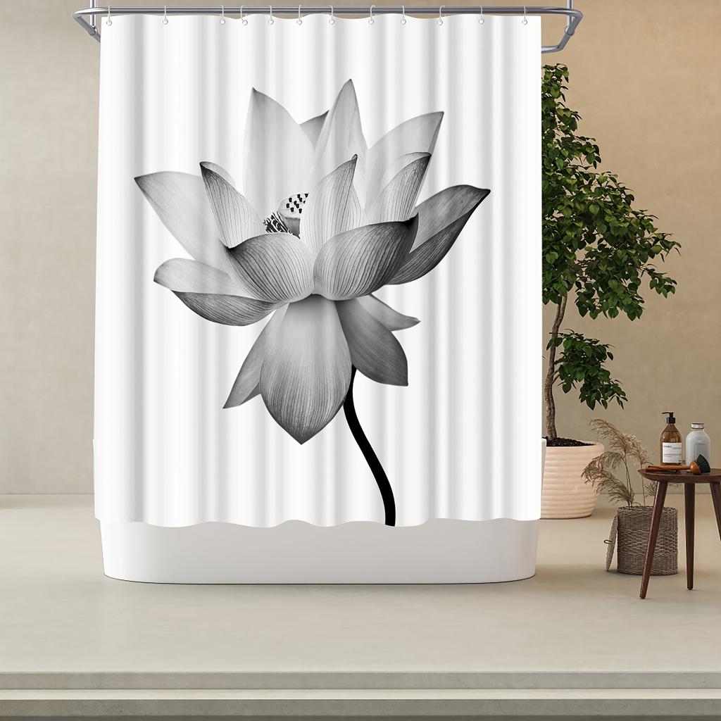 Black And White Shower Curtain Lotus Floral Shower Curtain 72X72Inch Polyester Fabric Bathroom Decor