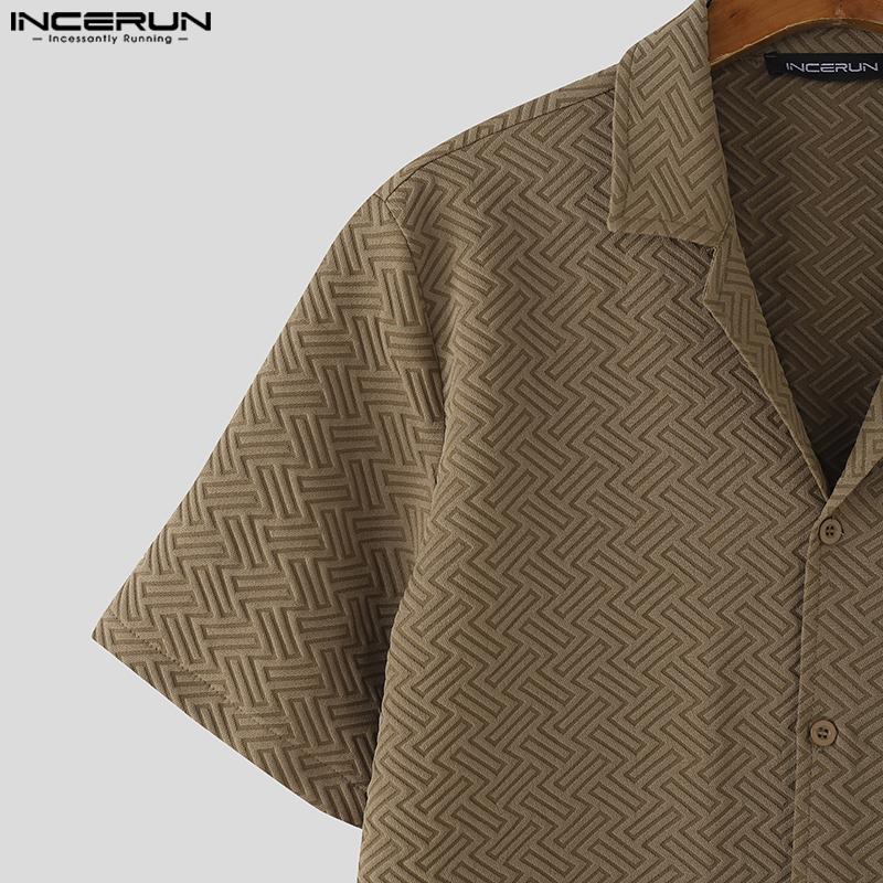 INCERUN S-5XL Men Lapel Short Sleeve Texture Buttons Casual Loose Shirts