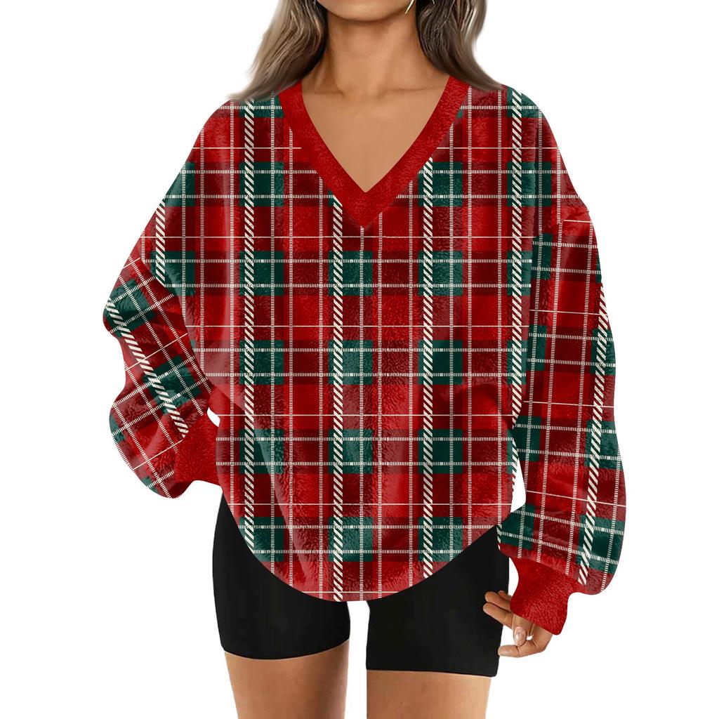 Women's Fashionable V-neck Christmas Printed Long Sleeved Casual Pullover Plush Warm Pocket Sweatshirt Top