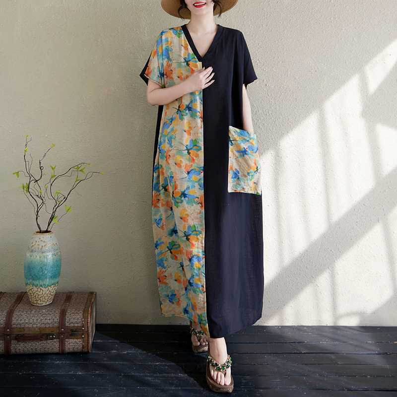 Women's Cotton and Linen Retro Slimming Short Sleeved Color Blocked Dress