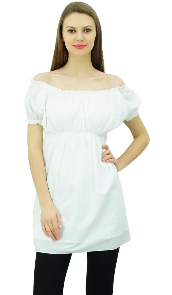 Bimba Women's Off shoulder Puff Sleeve Tops Elastic Waist Blouse Cotton