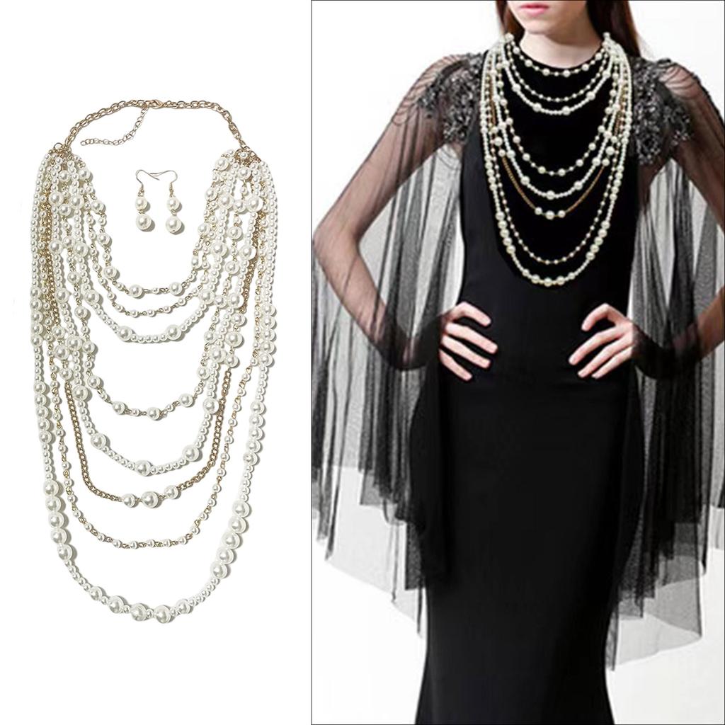 Stylish Simulated Pearls Chain Necklace and Earrings Set Women Elegant Jewelry Set Drop Earrings Perfect for Parties