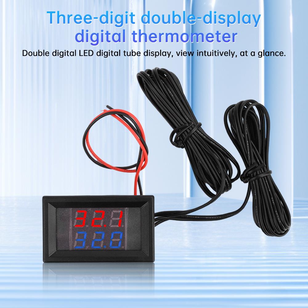 3 digit dual-display digital thermometer NTC metal waterproof dual probe DC4-28V red and blue line length 1M cylindrical probe